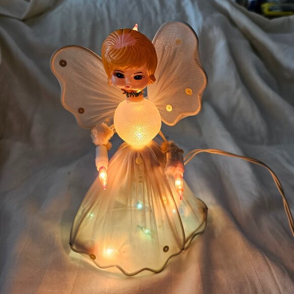 Vintage MCM Lighted Angel Tree Topper Christmas Plastic Doll Head Tulle Wings - Picture 1 of 6